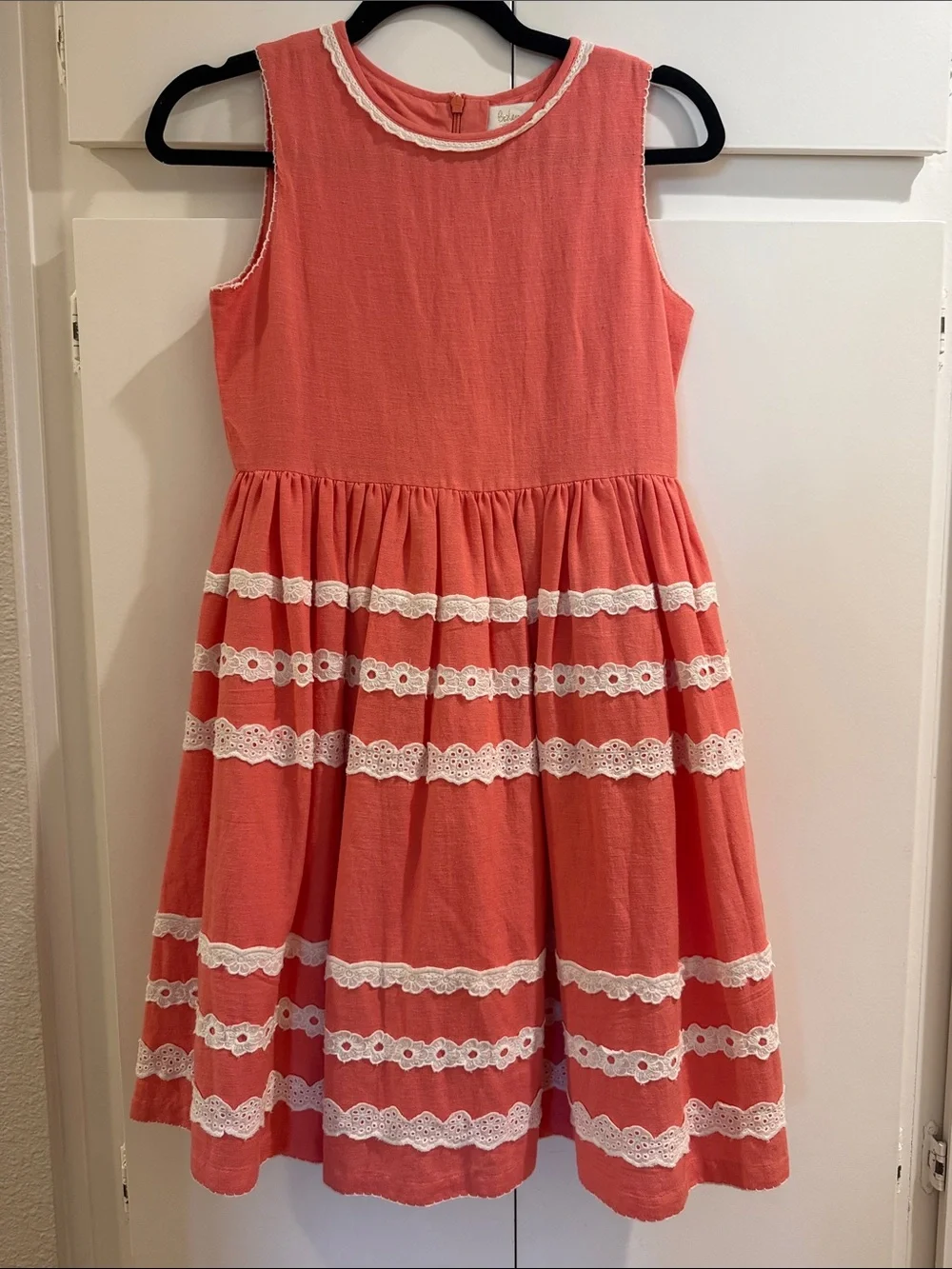 Boden Coral Dress with White Lace Tiers